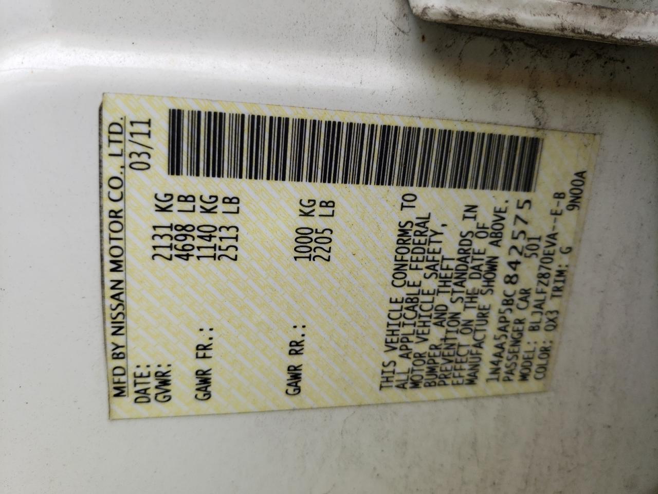 Photo 10 from auction – 2011 NISSAN MAXIMA S with VIN 1N4AA5AP5BC842575