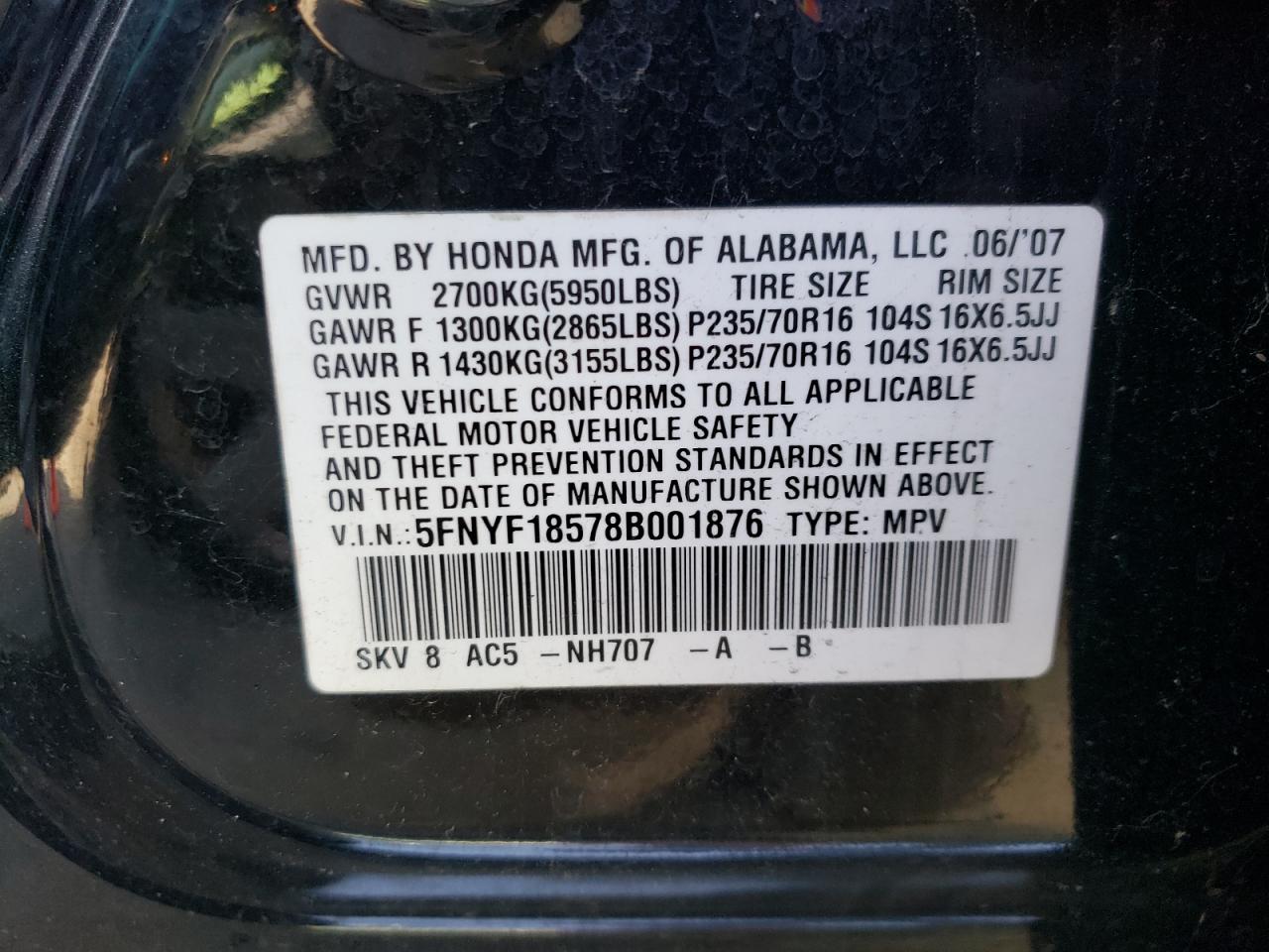 Photo 10 from auction – 2008 HONDA PILOT EXL with VIN 5FNYF18578B001876