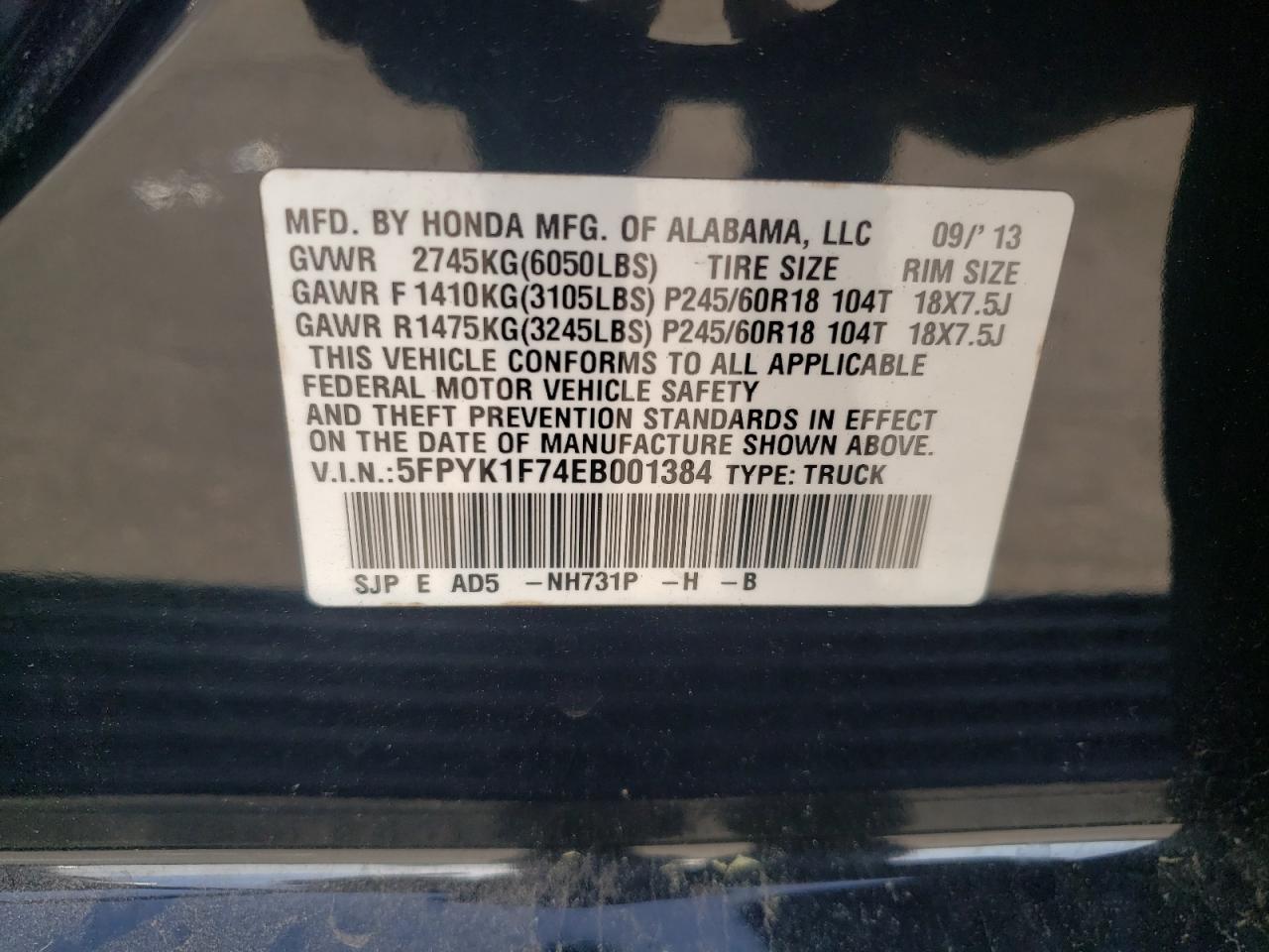 Photo 10 from auction – 2014 HONDA RIDGELINE with VIN 5FPYK1F74EB001384