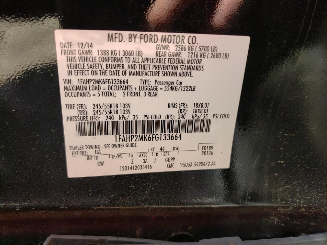 Фото 10 с аукциона – 2015 FORD TAURUS POL с VIN 1FAHP2MK6FG133664