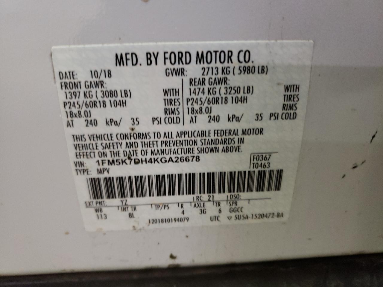 Photo 10 from auction – 2019 FORD EXPLORER X with VIN 1FM5K7DH4KGA26678