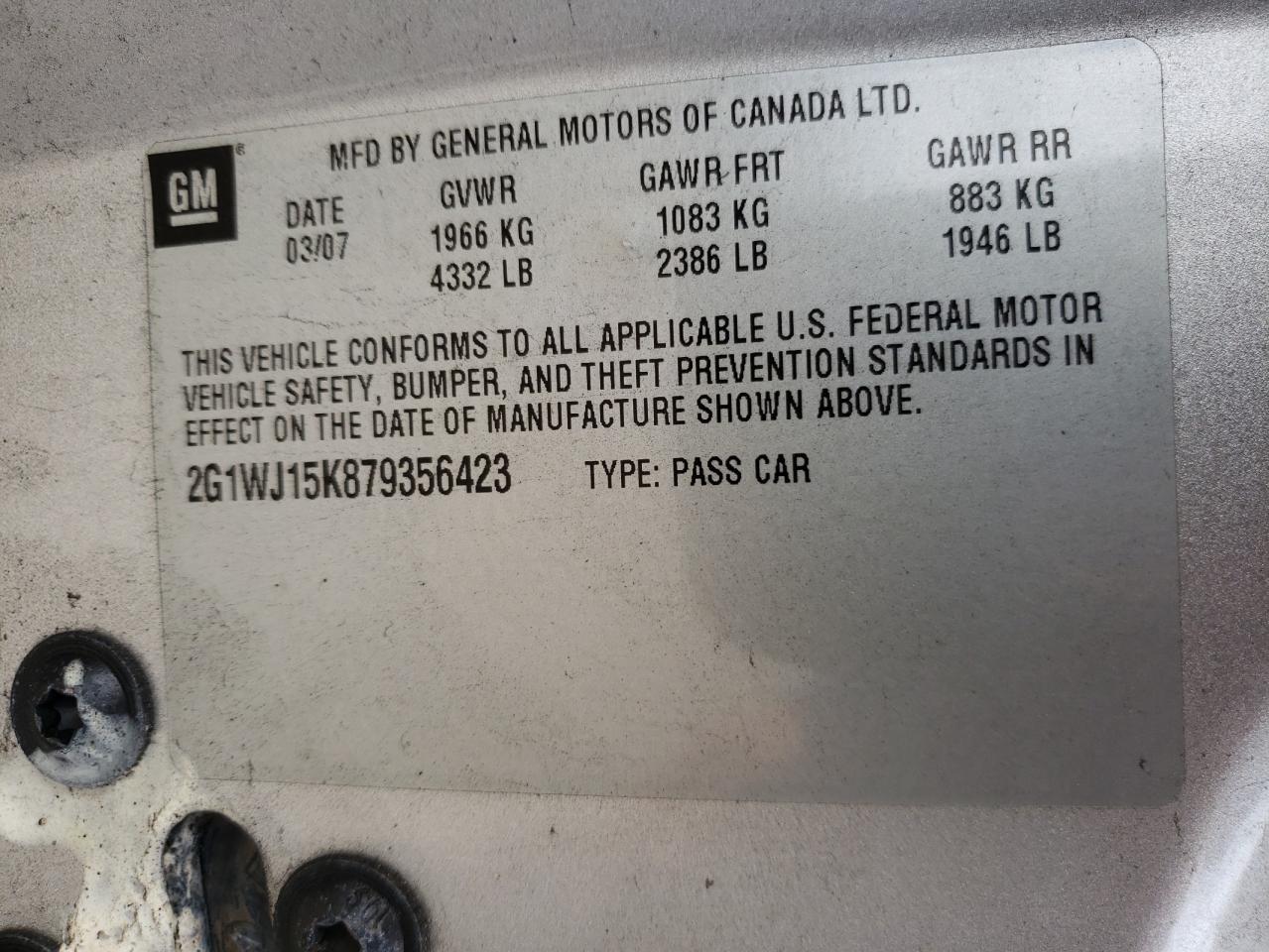Photo 10 from auction – 2007 CHEVROLET MONTE CARL with VIN 2G1WJ15K879356423