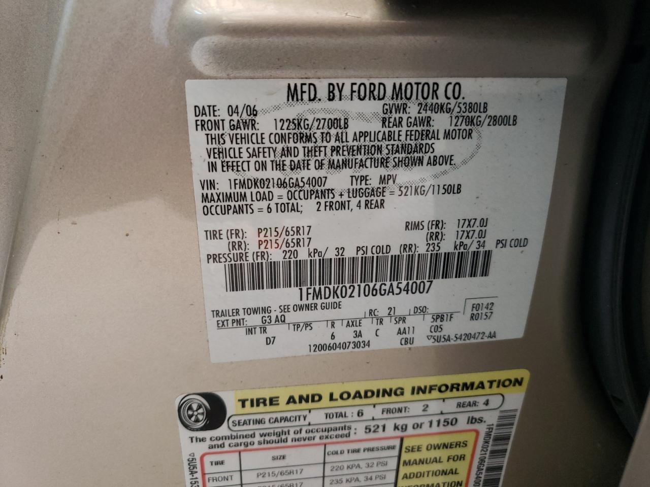 Photo 10 from auction – 2006 FORD FREESTYLE with VIN 1FMDK02106GA54007