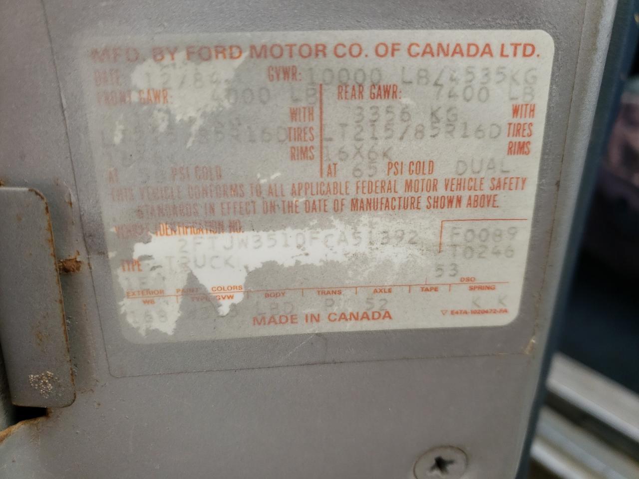 Photo 10 from auction – 1985 FORD F350 with VIN 2FTJW3510FCA51392