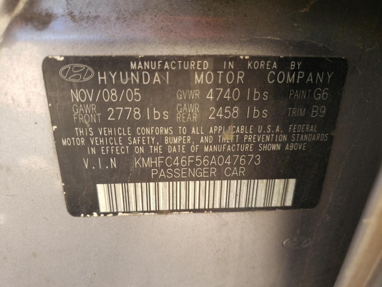 Photo 10 from auction – 2006 HYUNDAI AZERA SE with VIN KMHFC46F56A047673