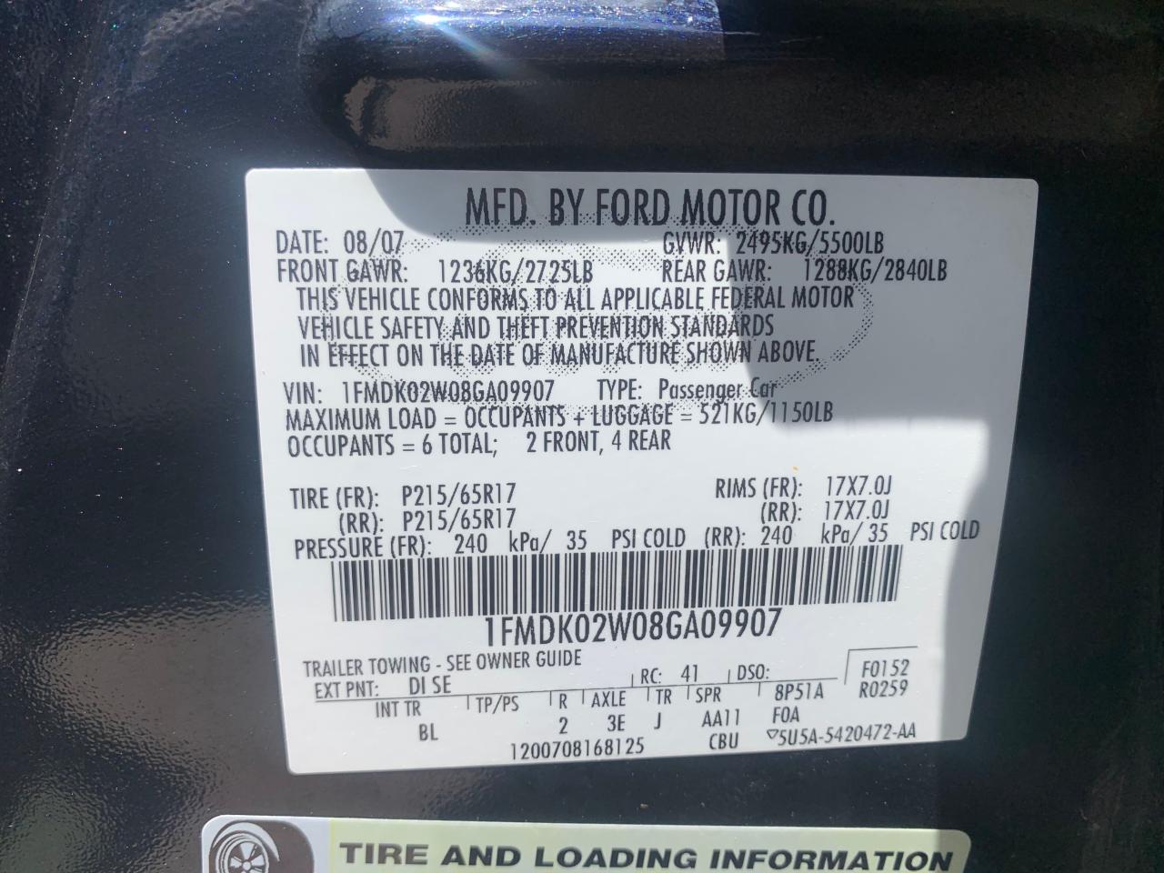 Photo 10 from auction – 2008 FORD TAURUS X S with VIN 1FMDK02W08GA09907