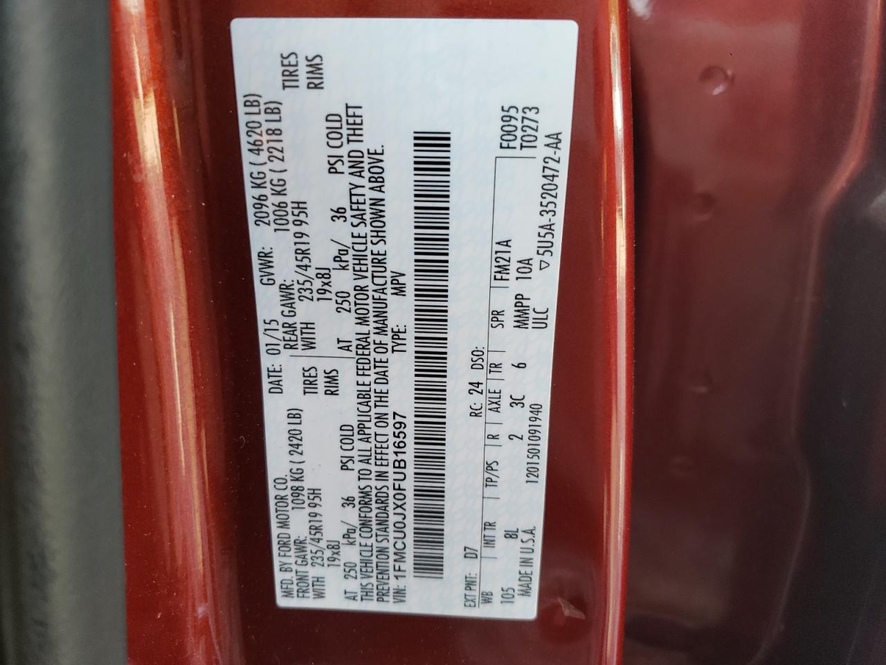 Photo 10 from auction – 2015 FORD ESCAPE TIT with VIN 1FMCU0JX0FUB16597