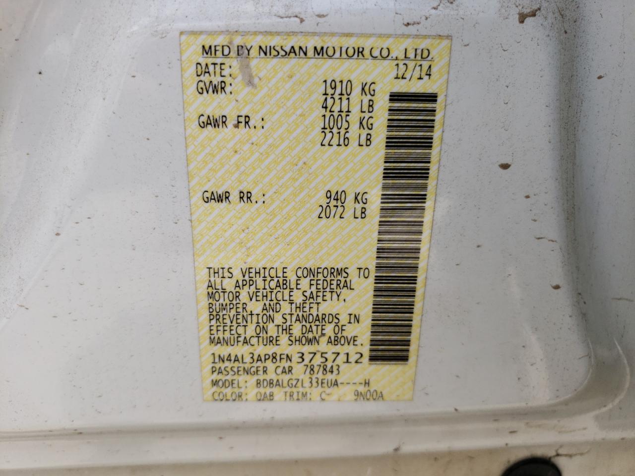 Photo 10 from auction – 2015 NISSAN ALTIMA 2.5 with VIN 1N4AL3AP8FN375712