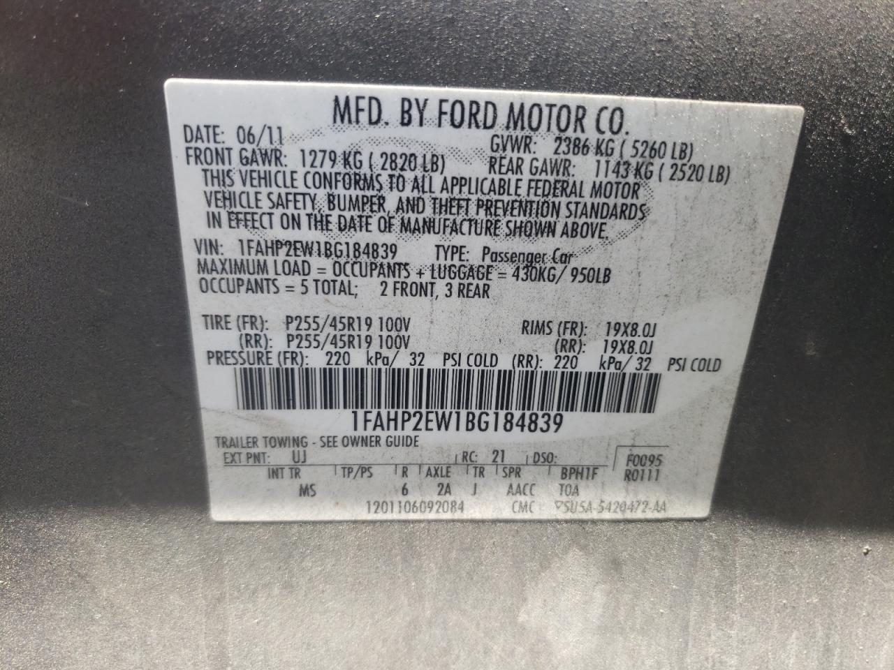 Photo 10 from auction – 2011 FORD TAURUS SEL with VIN 1FAHP2EW1BG184839