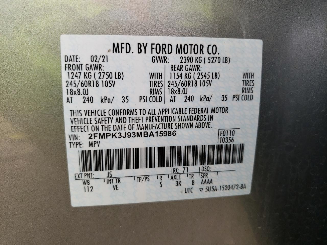 Photo 10 from auction – 2021 FORD EDGE SEL with VIN 2FMPK3J93MBA15986