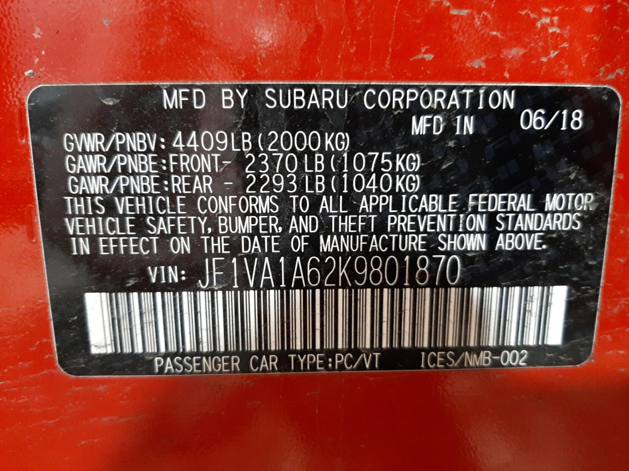 Photo 11 from auction – 2019 SUBARU WRX with VIN JF1VA1A62K9801870