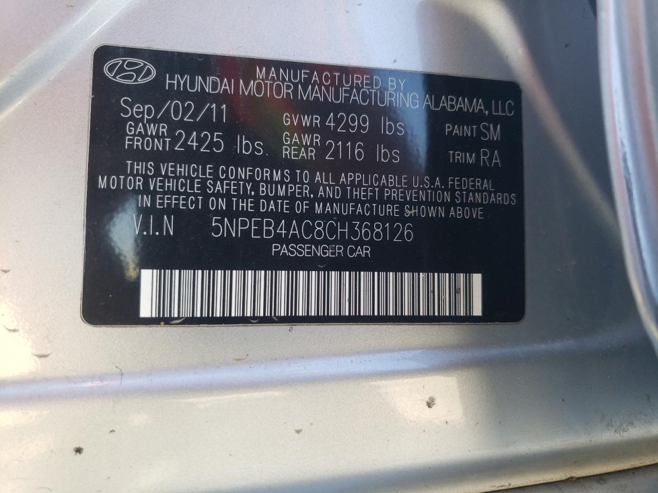 Photo 10 from auction – 2012 HYUNDAI SONATA GLS with VIN 5NPEB4AC8CH368126