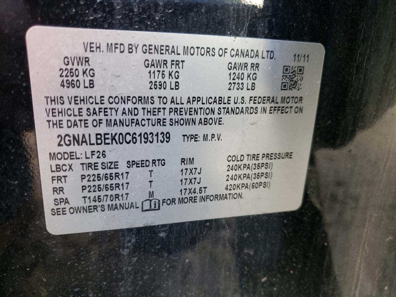 Photo 10 from auction – 2012 CHEVROLET EQUINOX LS with VIN 2GNALBEK0C6193139