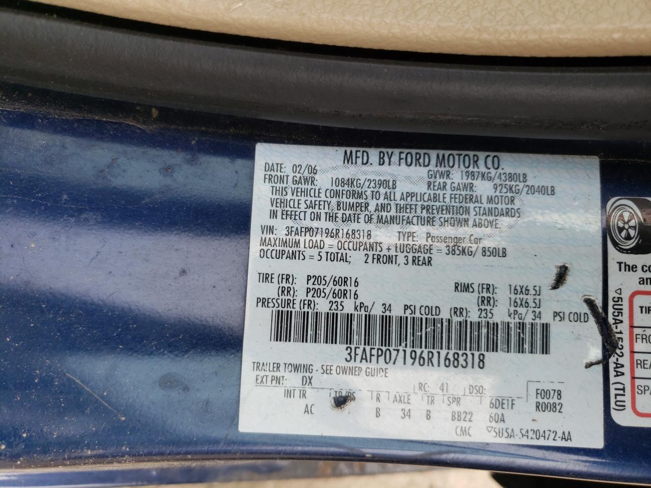 Photo 10 from auction – 2006 FORD FUSION SE with VIN 3FAFP07196R168318