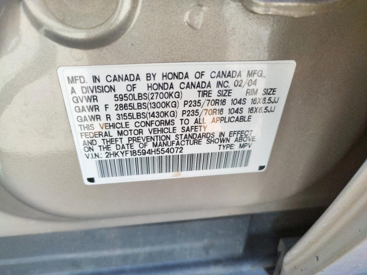 Фото 10 с аукциона – 2004 HONDA PILOT с VIN 2HKYF18594H554072