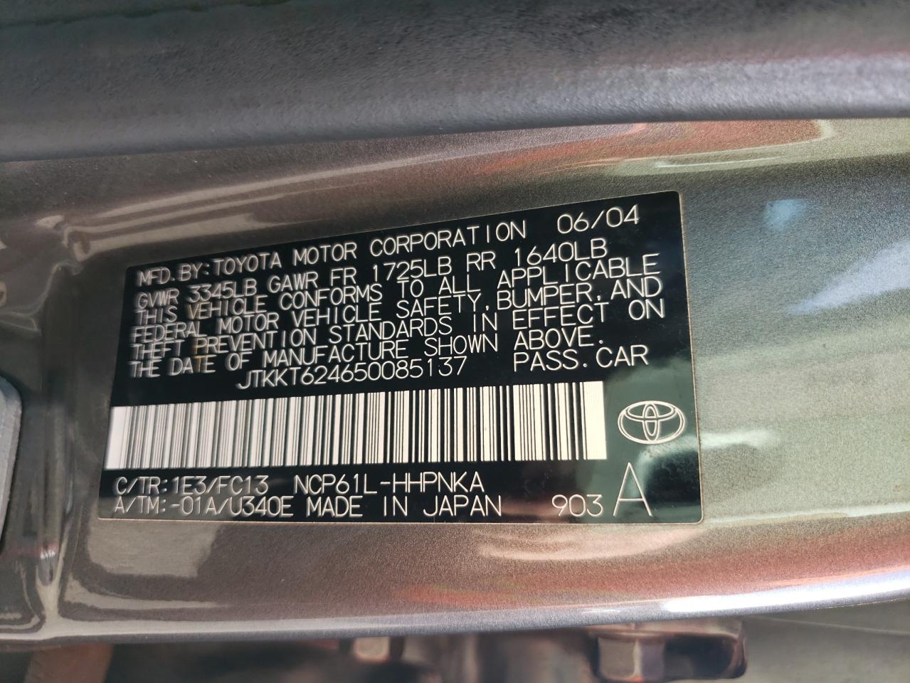 Photo 10 from auction – 2005 TOYOTA SCION XA with VIN JTKKT624650085137