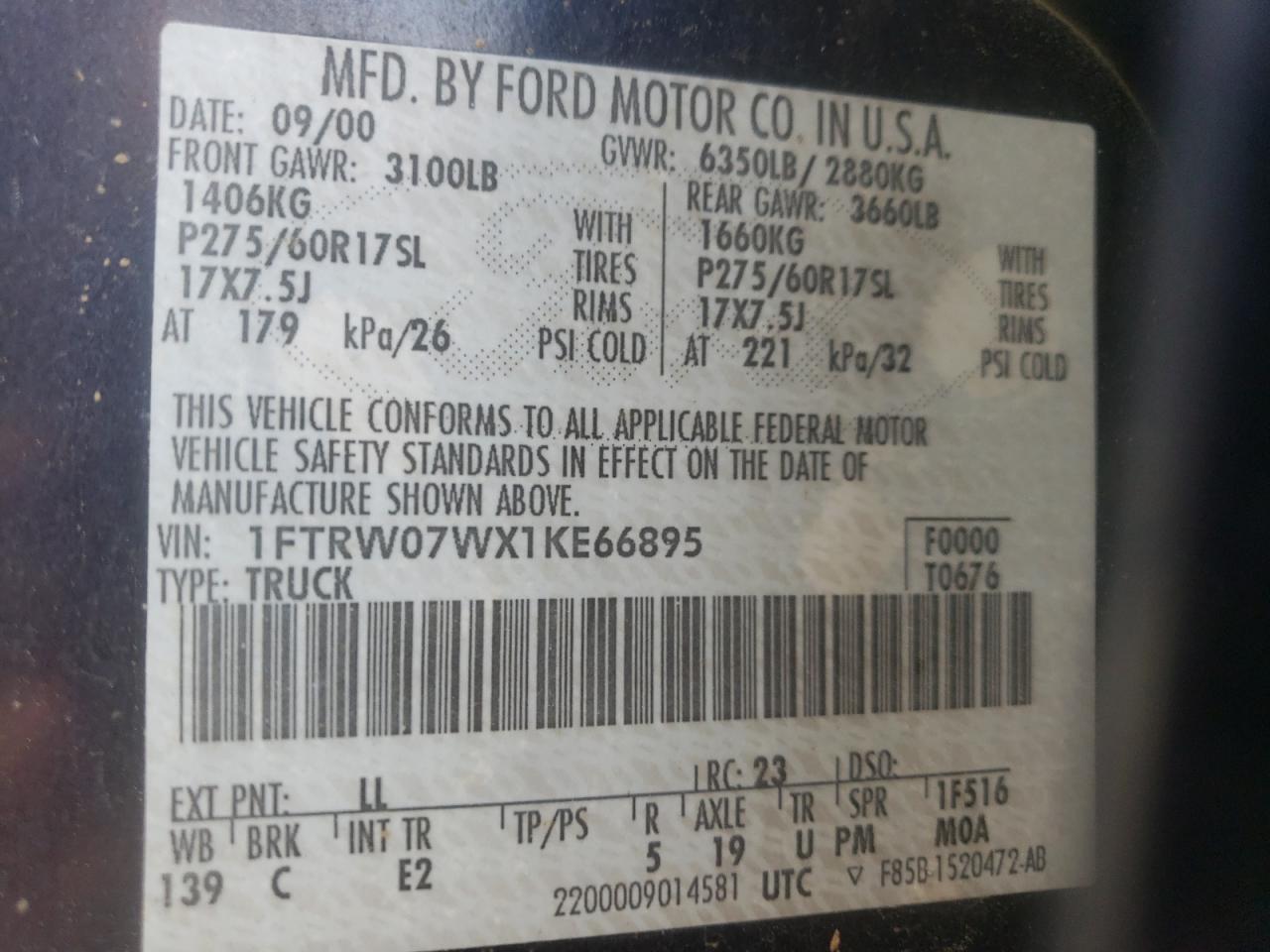 Photo 10 from auction – 2001 FORD F150 SUPER with VIN 1FTRW07WX1KE66895