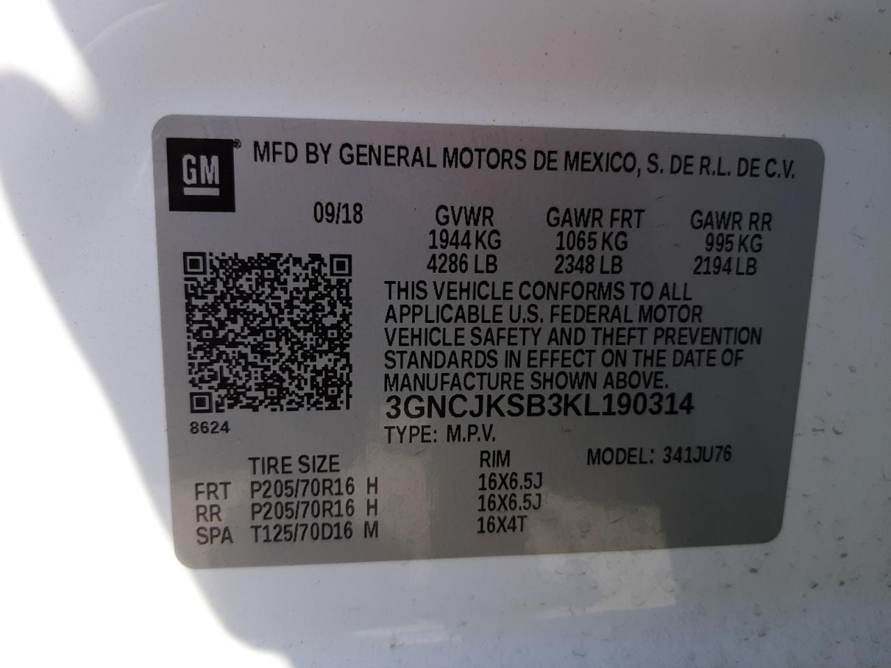 Photo 10 from auction – 2019 CHEVROLET TRAX LS with VIN 3GNCJKSB3KL190314