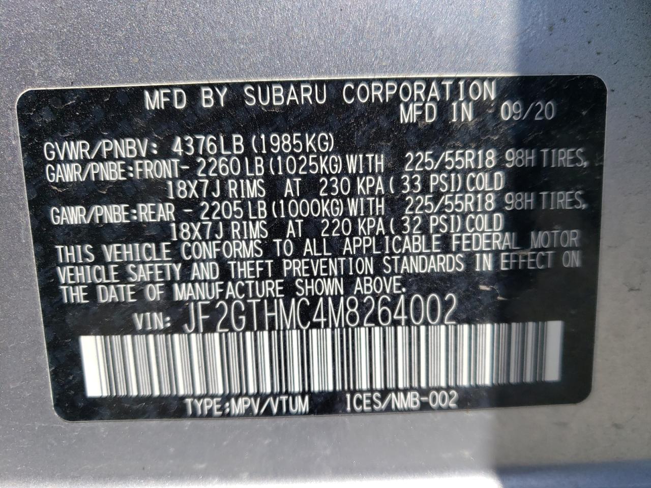 Photo 10 from auction – 2021 SUBARU CROSSTREK with VIN JF2GTHMC4M8264002