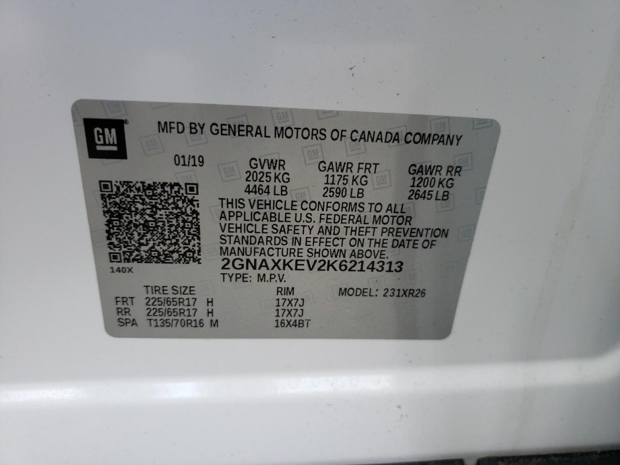 Photo 10 from auction – 2019 CHEVROLET EQUINOX LT with VIN 2GNAXKEV2K6214313