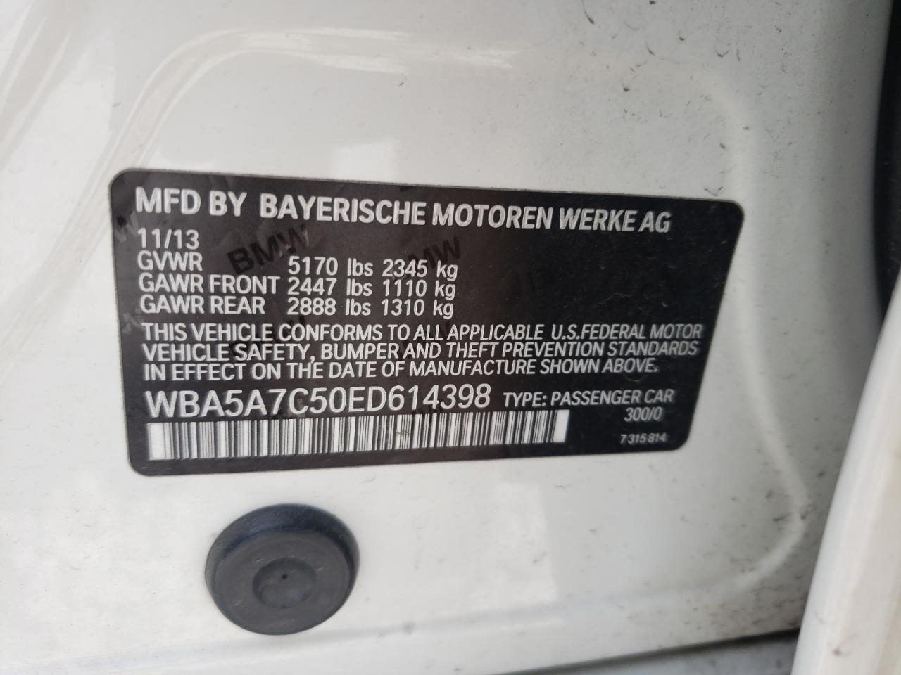 Photo 10 from auction – 2014 BMW 528 XI with VIN WBA5A7C50ED614398