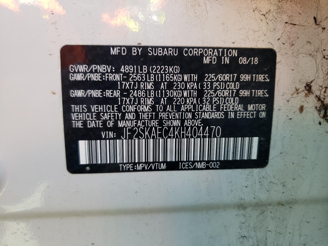 Photo 10 from auction – 2019 SUBARU FORESTER P with VIN JF2SKAEC4KH404470