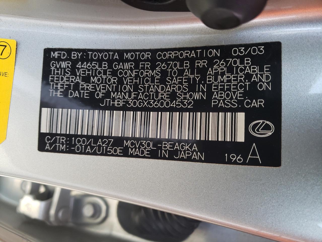 Photo 10 from auction – 2003 LEXUS ES 300 with VIN JTHBF30GX36004532