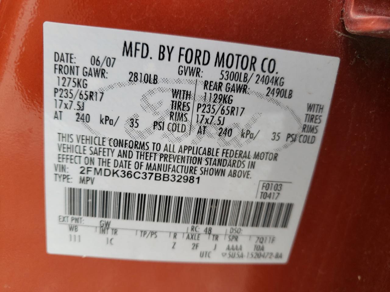 Photo 10 from auction – 2007 FORD EDGE SE with VIN 2FMDK36C37BB32981