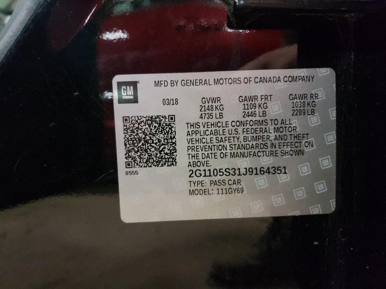 Photo 10 from auction – 2018 CHEVROLET IMPALA LT with VIN 2G1105S31J9164351