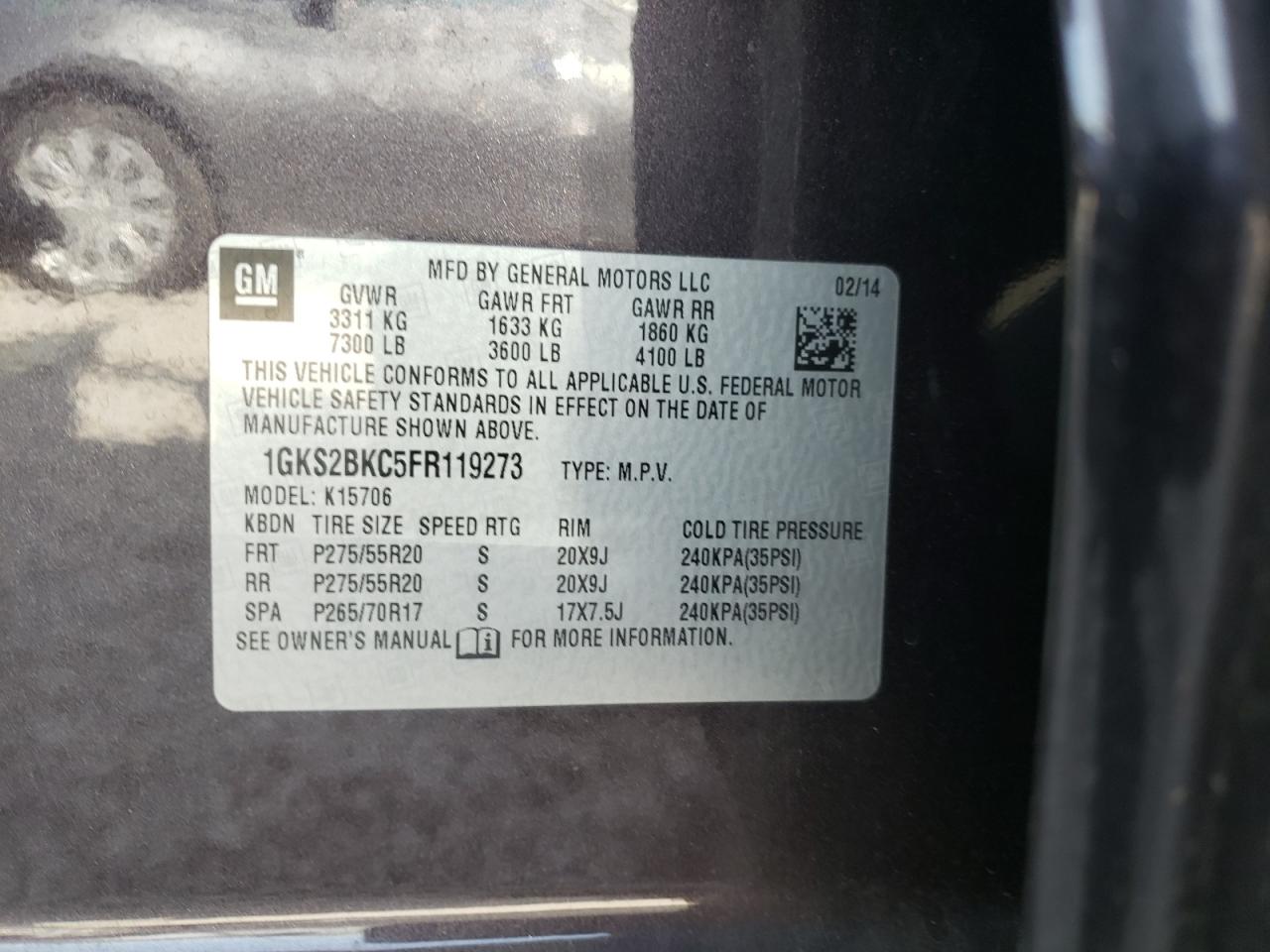 Photo 10 from auction – 2015 GMC YUKON SLT with VIN 1GKS2BKC5FR119273