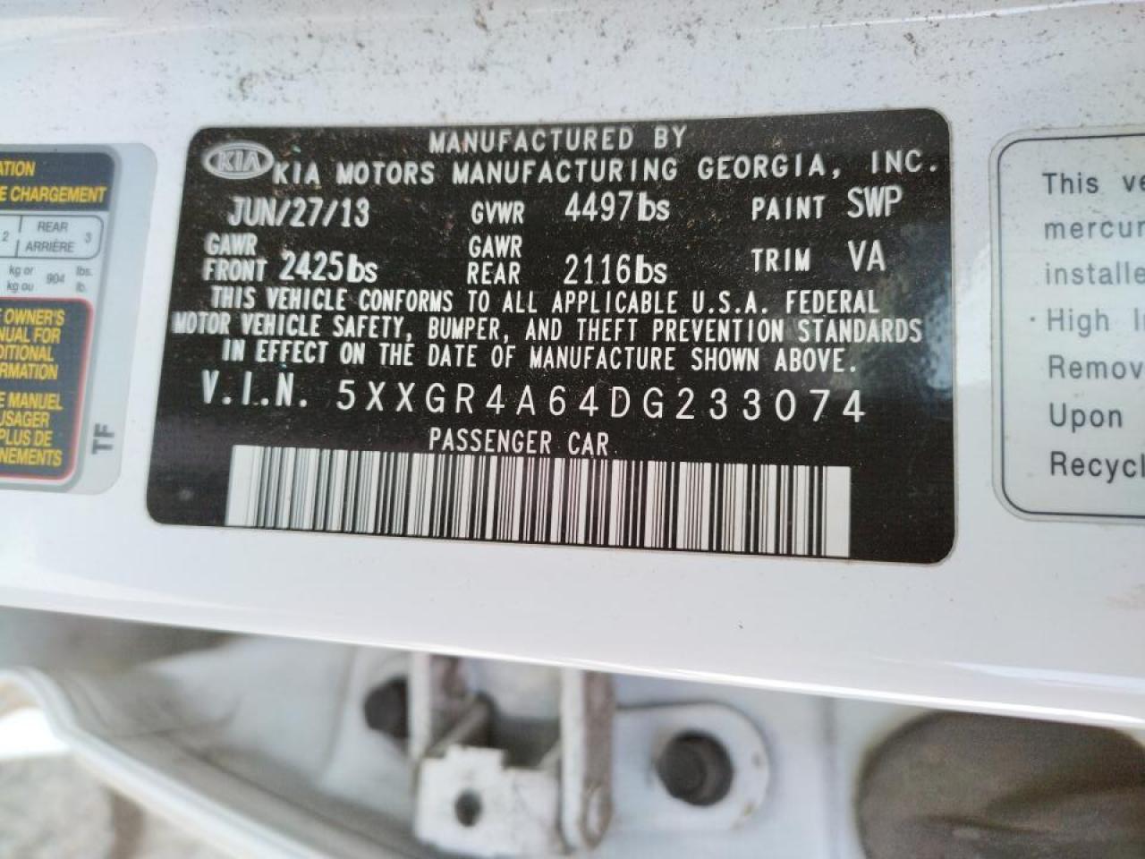 Photo 10 from auction – 2013 KIA OPTIMA SX with VIN 5XXGR4A64DG233074