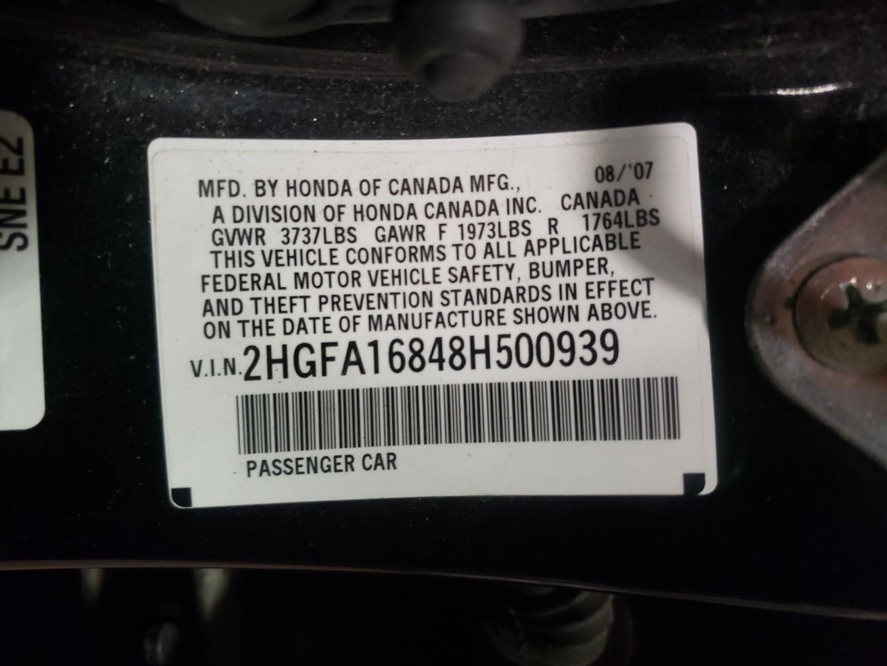 Photo 10 from auction – 2008 HONDA CIVIC EX with VIN 2HGFA16848H500939