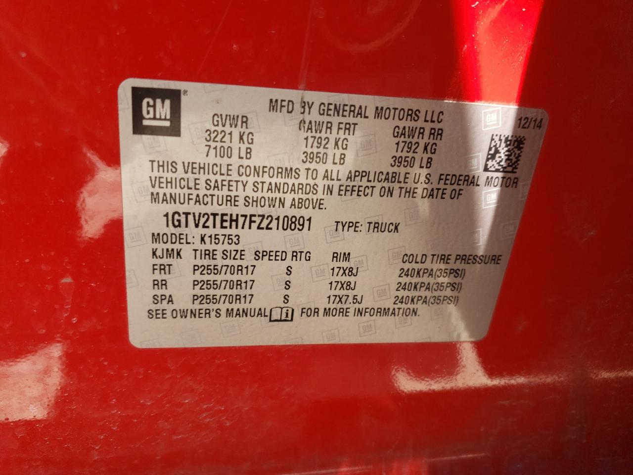 Photo 10 from auction – 2015 GMC SIERRA K15 with VIN 1GTV2TEH7FZ210891