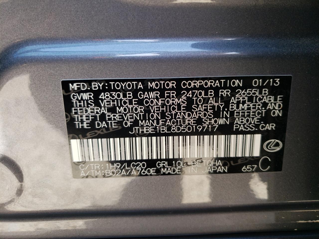 Photo 10 from auction – 2013 LEXUS GS 350 with VIN JTHBE1BL8D5019717