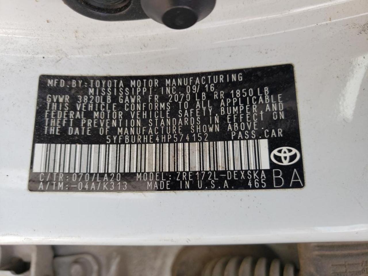 Photo 10 from auction – 2017 TOYOTA COROLLA L with VIN 5YFBURHE4HP574152