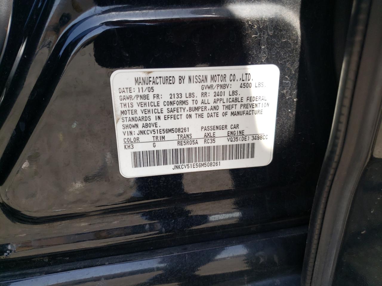Photo 10 from auction – 2006 INFINITI G35 with VIN JNKCV51E56M508261