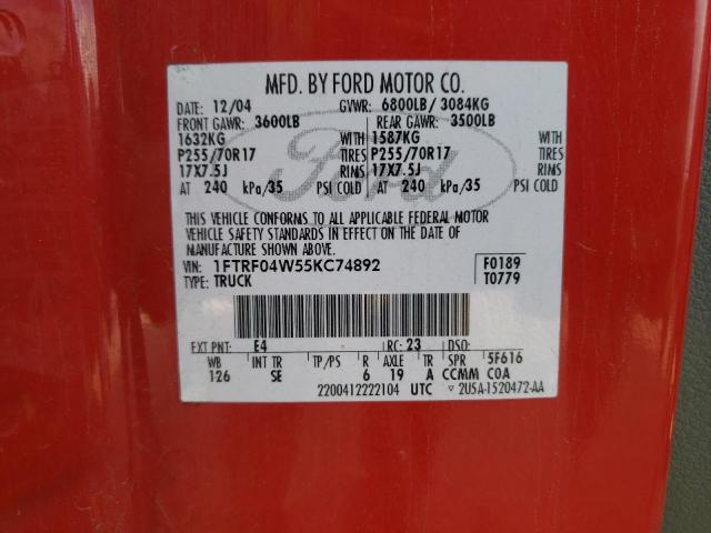 Photo 10 from auction – 2005 FORD F150 with VIN 1FTRF04W55KC74892