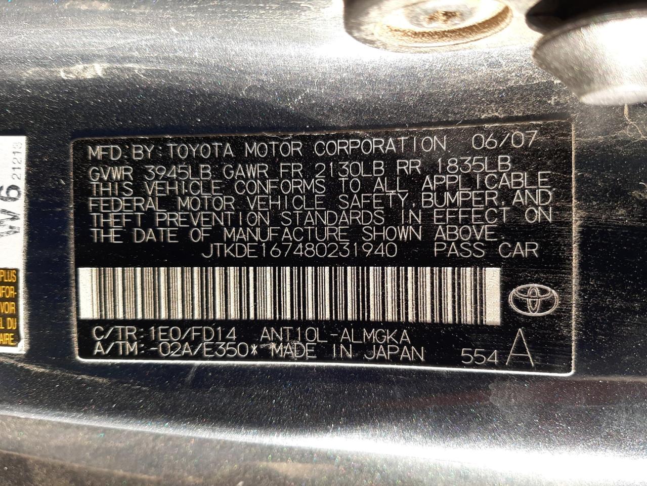 Photo 10 from auction – 2008 TOYOTA SCION TC with VIN JTKDE167480231940