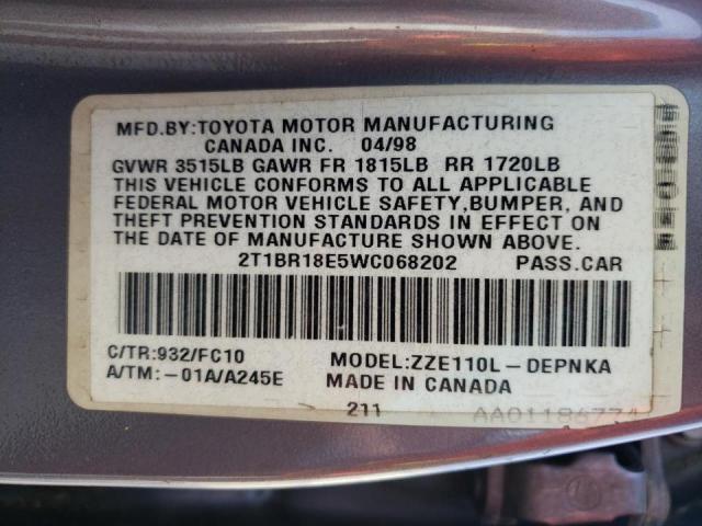Photo 10 from auction – 1998 TOYOTA COROLLA VE with VIN 2T1BR18E5WC068202