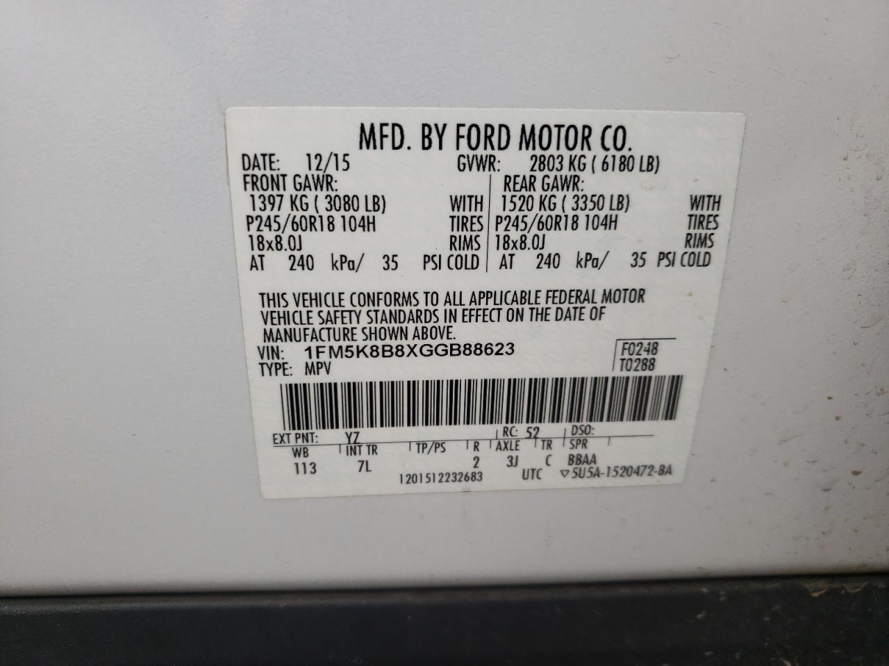 Photo 10 from auction – 2016 FORD EXPLORER with VIN 1FM5K8B8XGGB88623