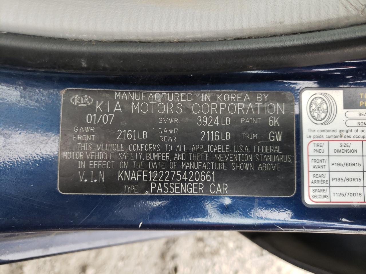Photo 10 from auction – 2007 KIA SPECTRA EX with VIN KNAFE122275420661