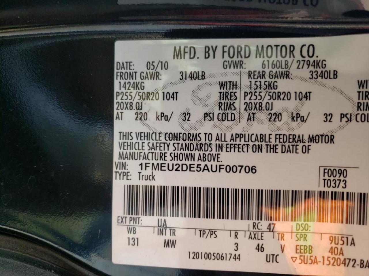 Photo 10 from auction – 2010 FORD EXPLORER S with VIN 1FMEU2DE5AUF00706