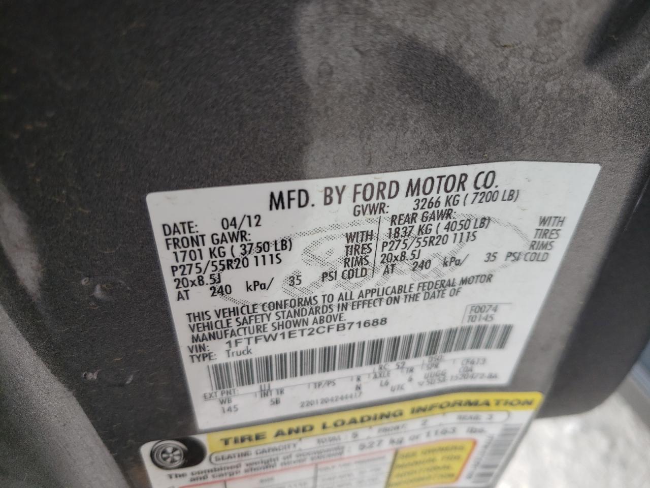 Photo 10 from auction – 2012 FORD F150 SUPER with VIN 1FTFW1ET2CFB71688