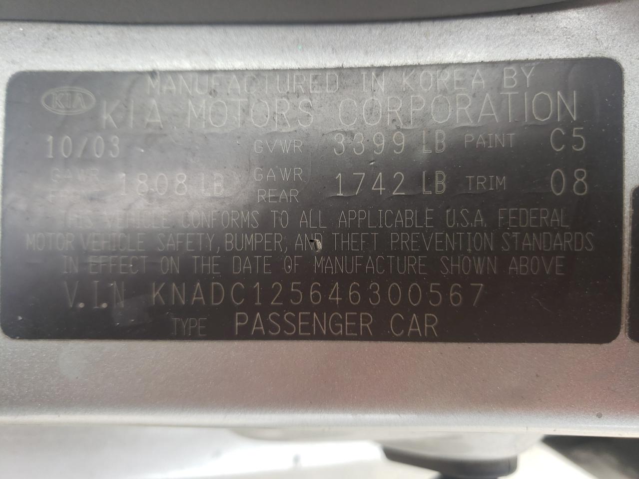 Photo 10 from auction – 2004 KIA RIO with VIN KNADC125646300567