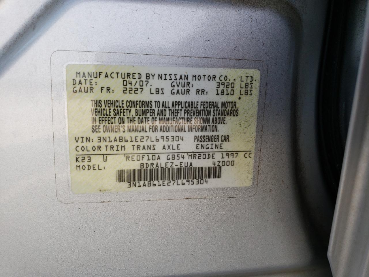 Photo 10 from auction – 2007 NISSAN SENTRA 2.0 with VIN 3N1AB61E27L695304