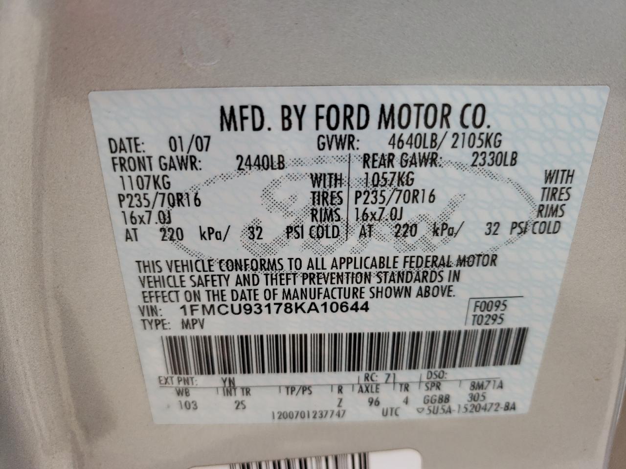 Photo 10 from auction – 2008 FORD ESCAPE XLT with VIN 1FMCU93178KA10644