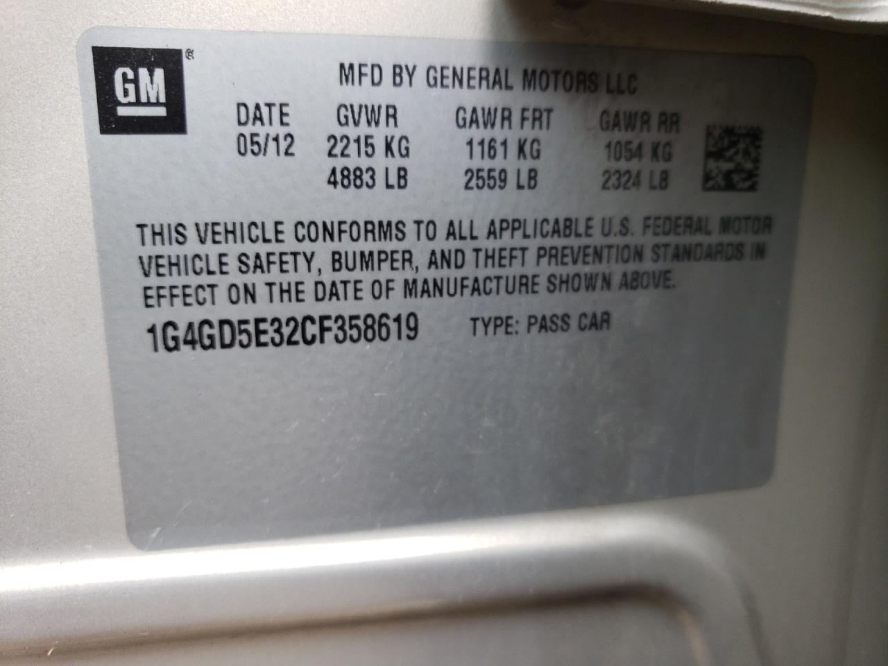 Photo 10 from auction – 2012 BUICK LACROSSE P with VIN 1G4GD5E32CF358619