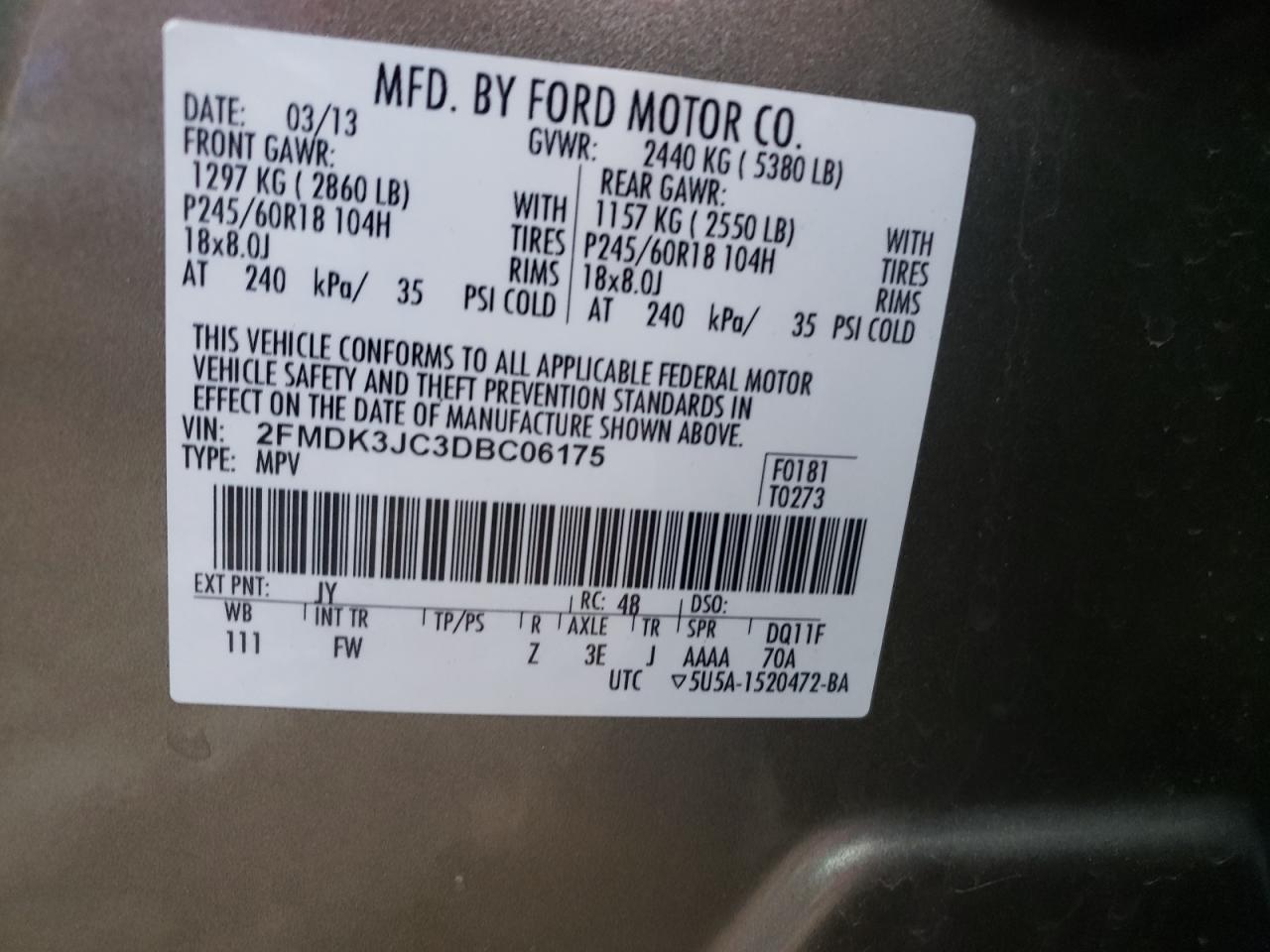 Photo 10 from auction – 2013 FORD EDGE SEL with VIN 2FMDK3JC3DBC06175