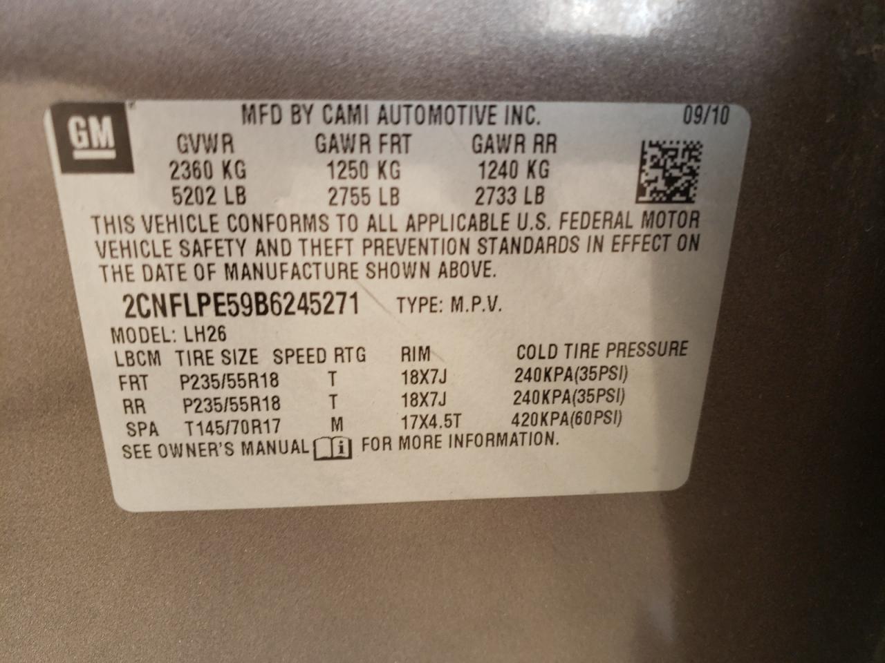 Photo 10 from auction – 2011 CHEVROLET EQUINOX LT with VIN 2CNFLPE59B6245271