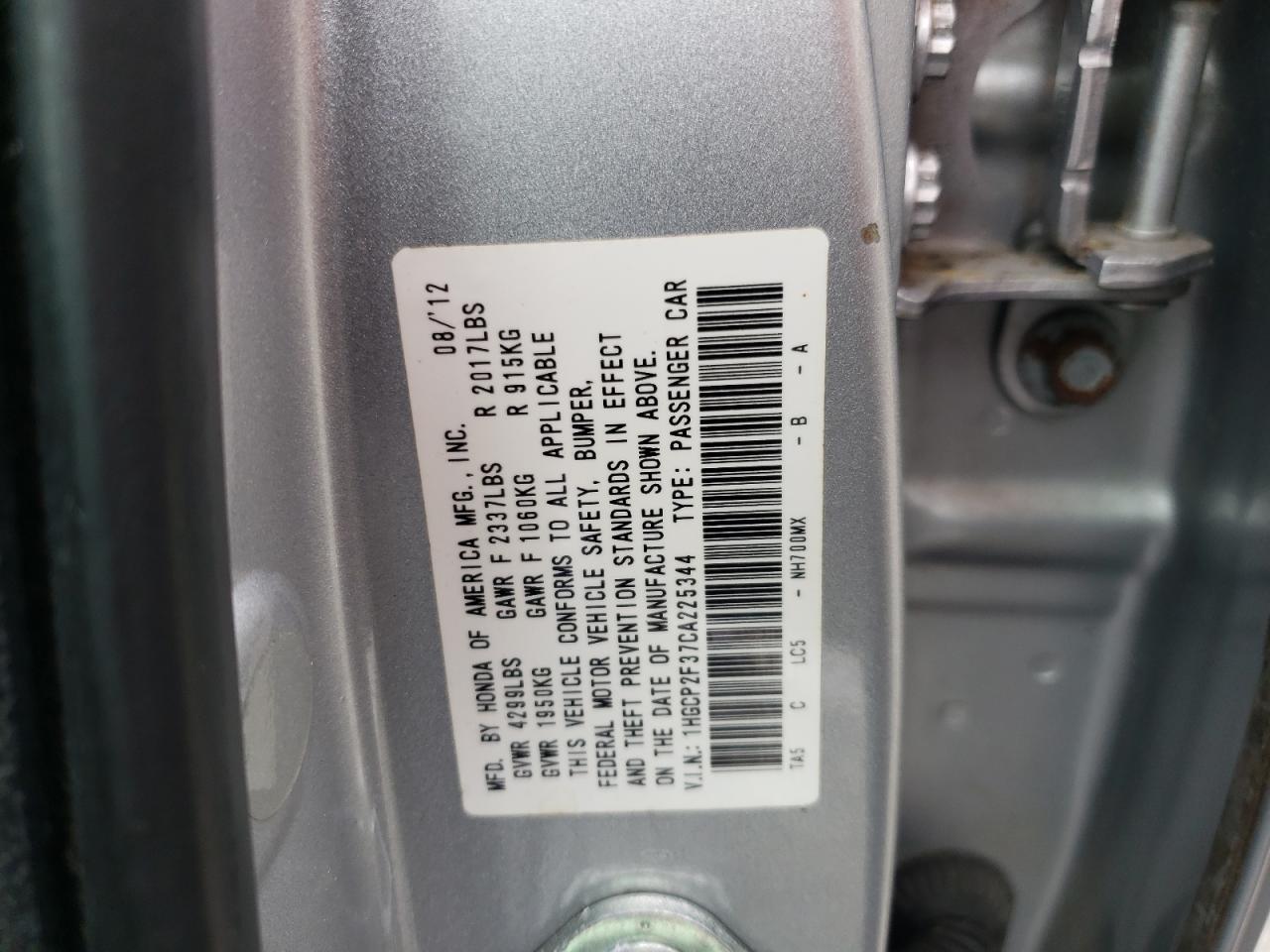 Photo 10 from auction – 2012 HONDA ACCORD LX with VIN 1HGCP2F37CA225344
